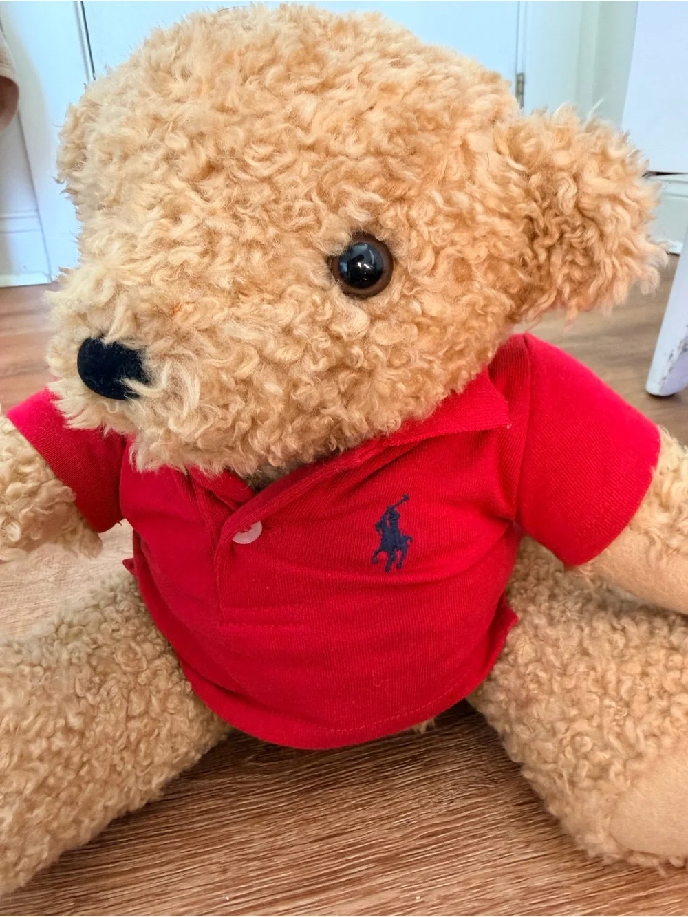 Vintage Ralph Lauren Polo Bear Plush Tan Curly Fur Red Polo Shirt